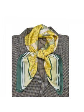 ✨Luxury Elegant Silky Square Scarf Yellow Green Peony Floral Garden Botanical